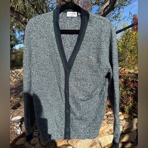 Lacoste 100% Wool Men's Black and Green Relaxed Fit Cardigan Sweater
